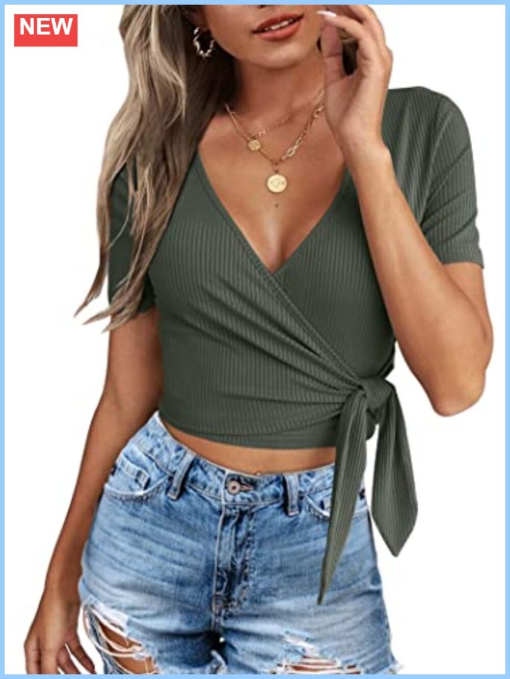 Women's Slim Fit Cross Wrap Deep V Neck Crop Top Short Sleeve Tie Front